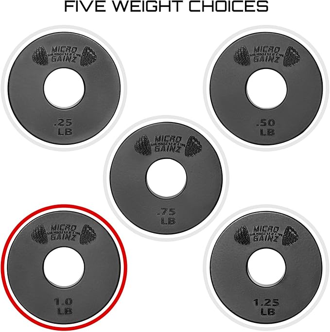 Micro Gainz Standard 1-Inch Center Hole Weight Plates, Set of 2 Black Fractional Plates Choose Set (.25LB-1.25LB), Designed for Standard 1-inch Barbells & Dumbbells, Made In USA