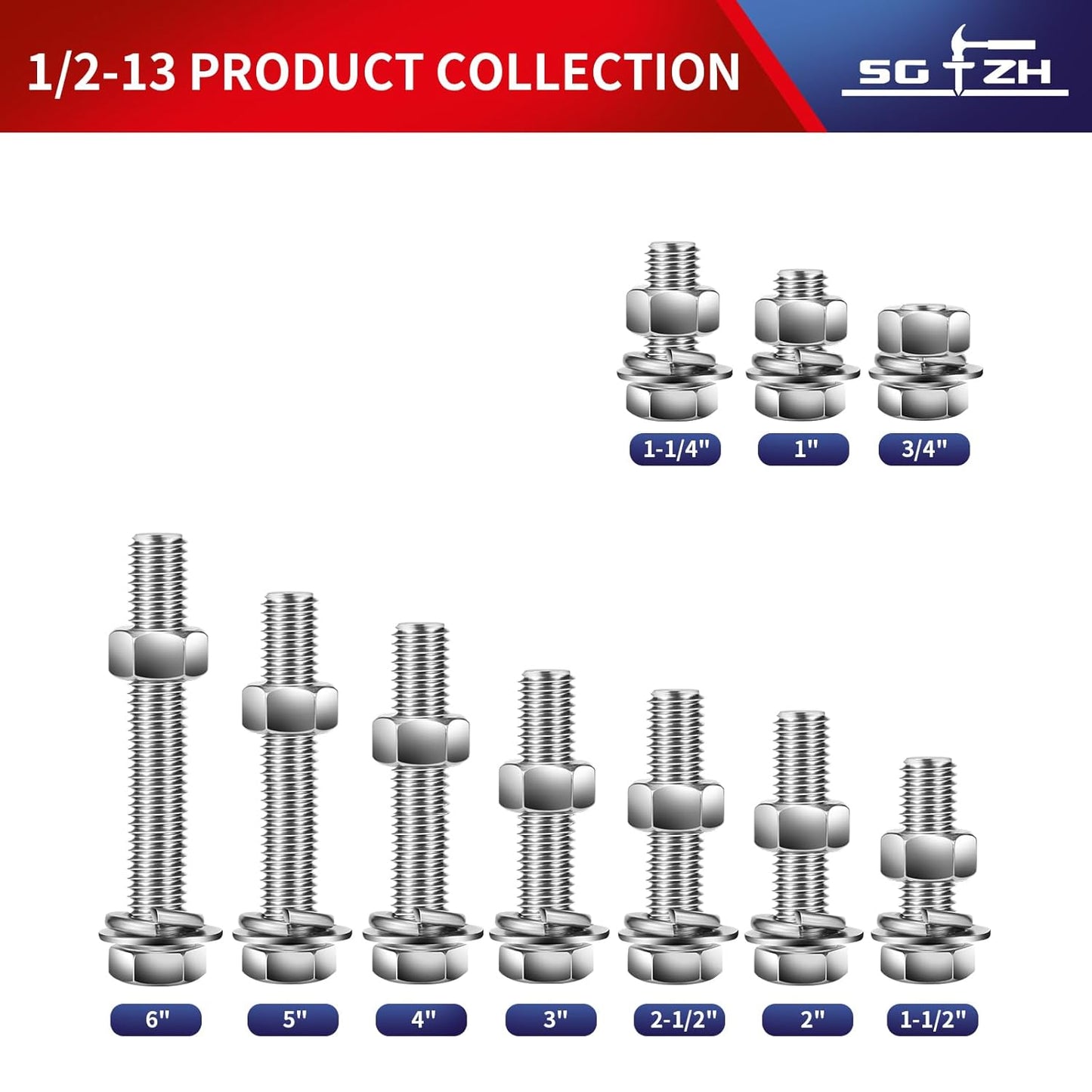 1/2-13 x 1-1/2" Hex Head Screw Bolt, Nuts, Flat & Lock Washers, 10Pcs 18-8 (304) Stainless Steel, Fully Threaded, by SG TZH