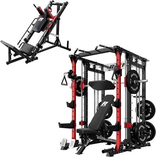 RitFit Smith Machine Power Cage with LAT Pulldown & Cable Crossover, All-in-One Power Rack Home Gym System with Leg Press Attachment & Accessories