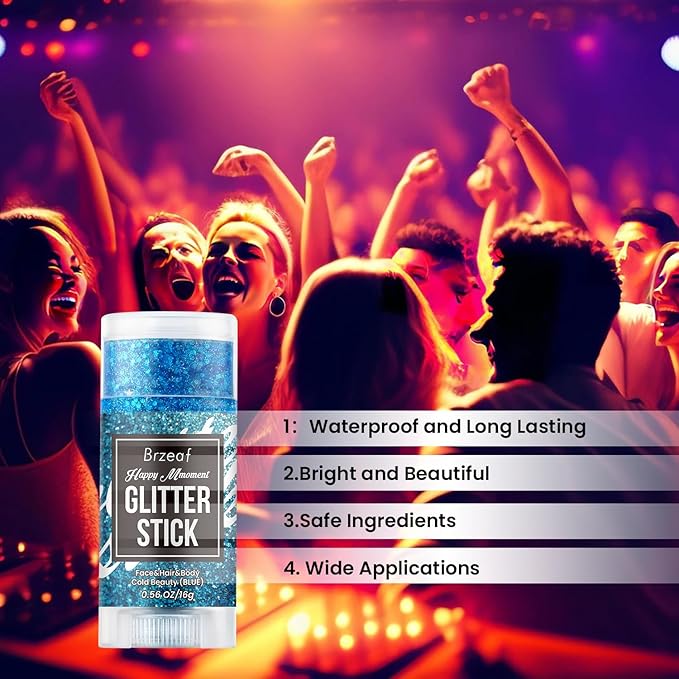 Brzeaf Waterproof Blue Glitter Stick,Festival Rave Accessories, Safe Ingredients & Long Lasting, Hair Eyeshadow Face Glitter Stick, Singer Concert Music Rave Festival, Glitter Makeup for Women