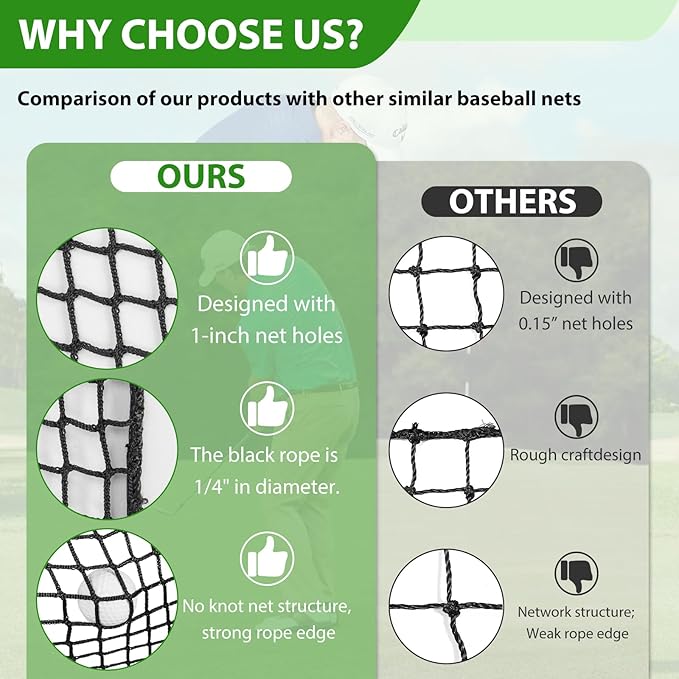 AKOZLIN Heavy Duty Sports Golf Netting Hitting Net 1" Square mesh for Softball,Baseball 10x10ft/10x15ft/10x20ft