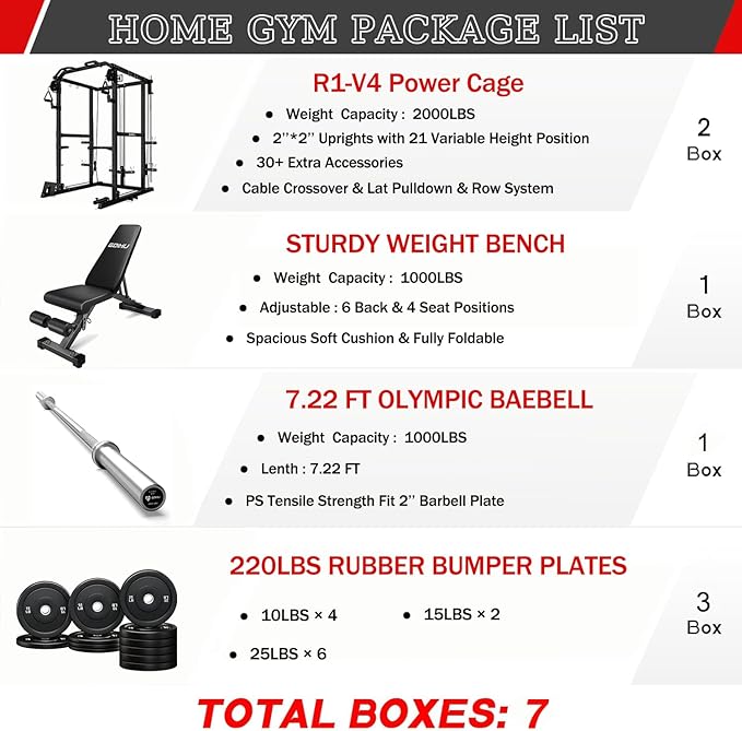 R1-V4 Power Cage Rack, 2000LB Squat Rack with Cable Crossover System, Multi-Function Weight Cage, Home Gym Workout Machine with More Training Attachments