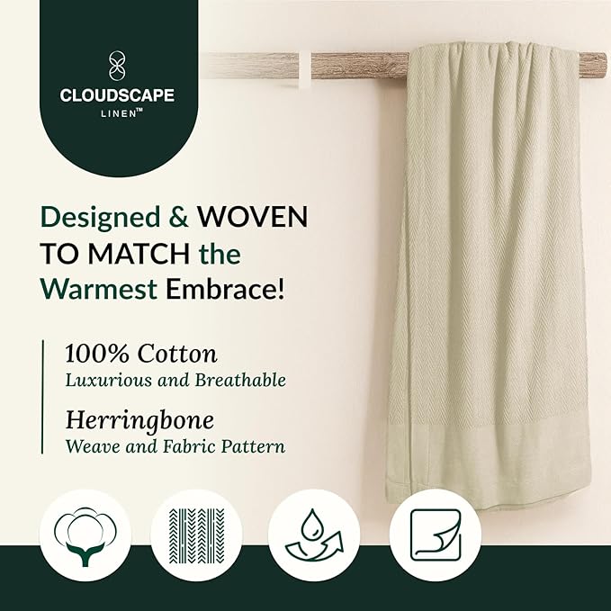 Herringbone Cotton Twin Blanket for Couch, Bed,Sofa, Home Decor, Soft, Lightweight, All-Season Bed Blanket, 68 x92, Beige Fog
