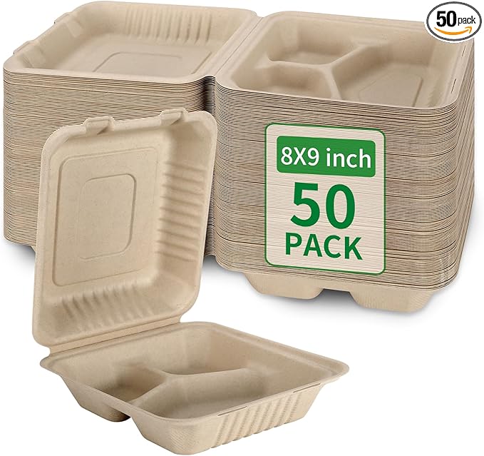Aricsen 50 Pack 3 Compartment Compostable 8x9 Inch Takeout Lunch Box Containers with Lid To Go Take Out Clamshell for Food, Disposable Eco-Friendly Biodegradable Bagasse, PFAS-Free, Brown
