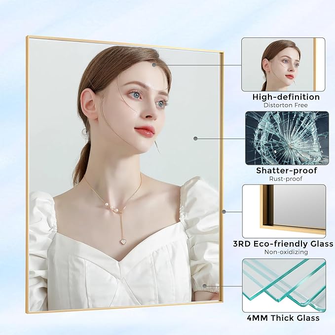 27x36 Inch Orange Gold Bathroom Mirror for Wall, Aluminum Frame Rectangle Rectangular Vanity Mirror, Modern Large for Bedroom, Living Room, Horizontal or Vertical