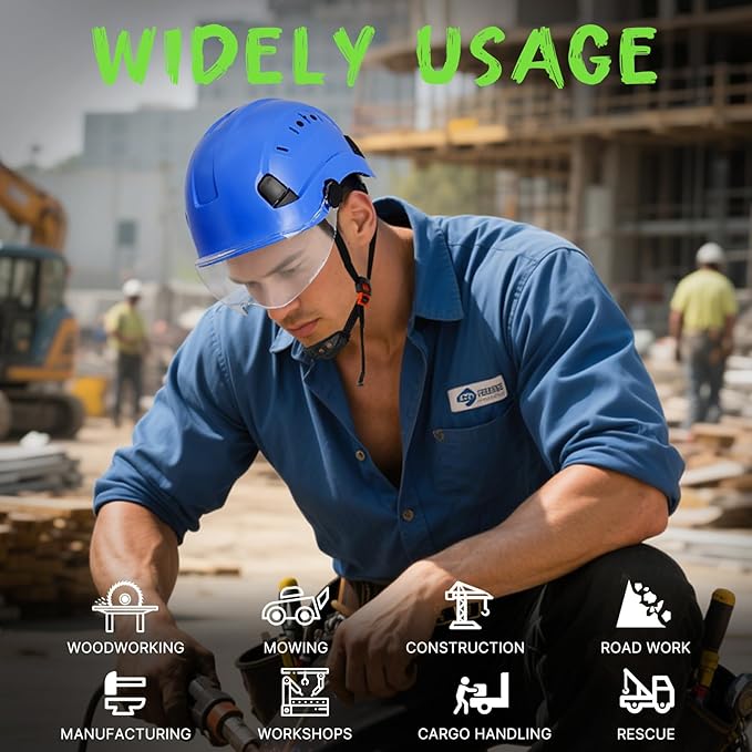 AOLAMEGS Construction Blue Hard Hats - Adjustable Vented Hard Hat with Visor for Men Women ABS Safety Helmet 6-Point Suspension Work Safety Helmet for Outdoor Height Industrial (with Clear Visor)