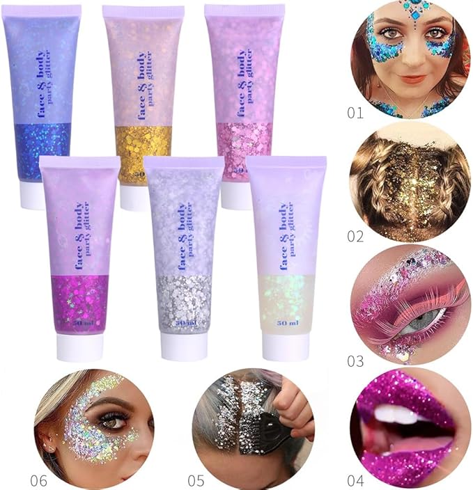 Pink Face Glitter,Sparkling Neon Outfit Party Holographic Sequins Paint Body Glitter Gel Makeup.(03# Pink)