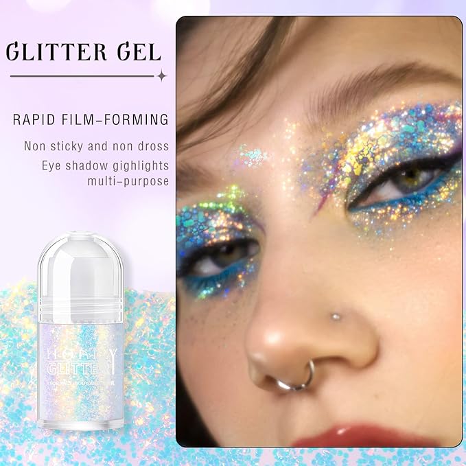 Roll-on Holographic Body Glitter Gel for Face Hair, Chameleon Color Changing Glitter Gel Under Light, Chunky Mermaid Sequins Festival Party Rave Accessories Shimmer Makeup (12# Sparkling Blue)