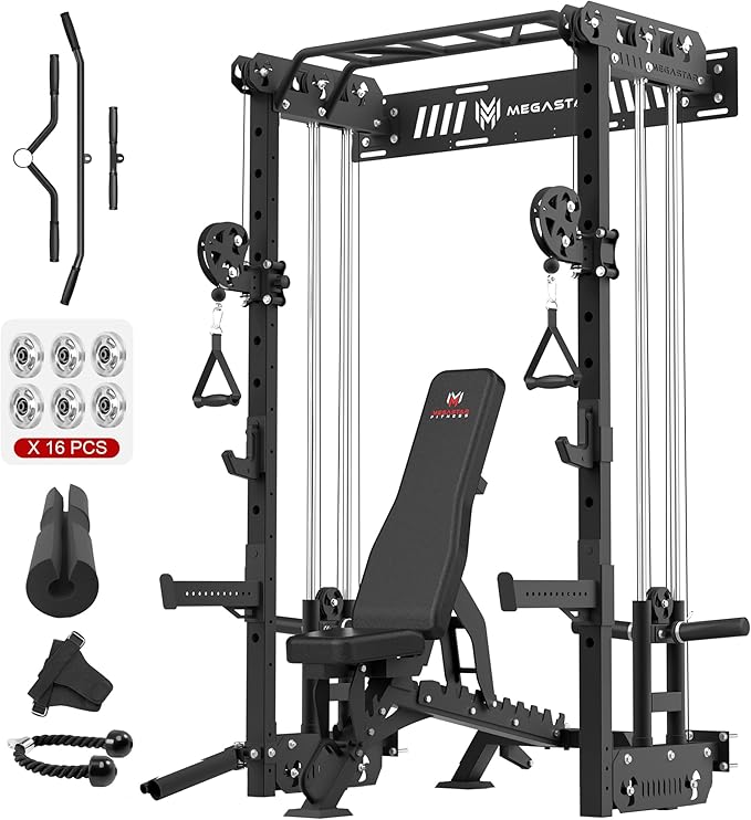 Wall Mounted Power Rack – 1600LB Capacity Compact Commercial Home Gym with Dual Cable Crossover, LAT Pulldown, Multi-Grip Pull-Up Bar & Landmine Attachment for Small Spaces, P67 Striker Red