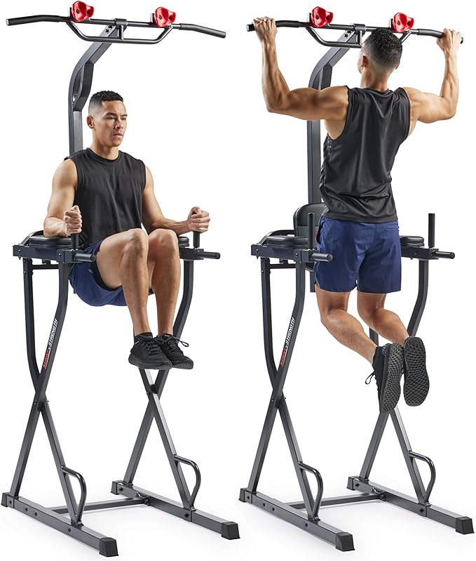 Sunny Health & Fitness Power Tower, Dip Bar, Push-Up & Pull Up Assisting Parallette Station w Optional Rock Climbing Grip Trainer