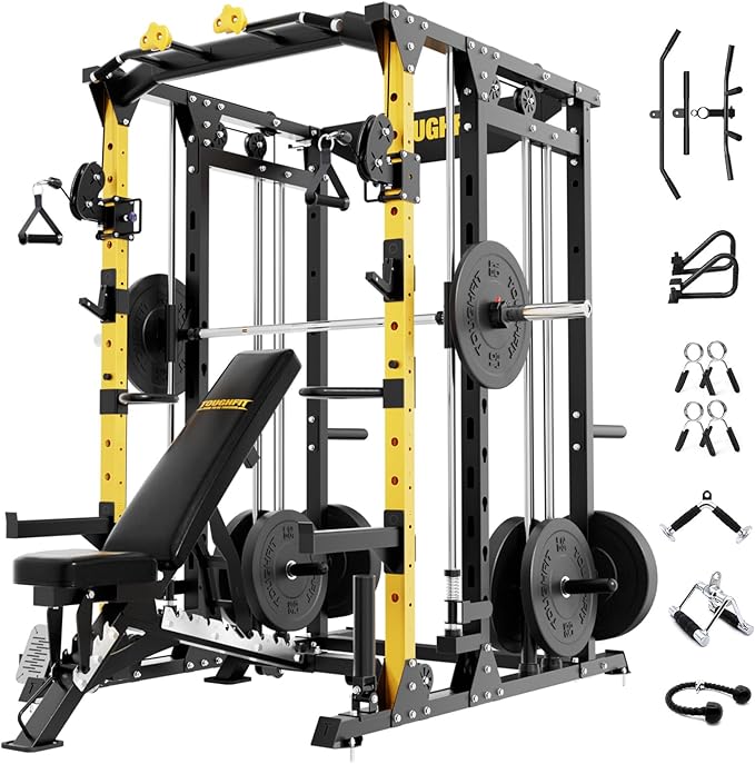 F4 Smith Machine, Power cage with Adjustable Cable Crossover System, All-in-One Squat Rack Training Equipment for Home Gym