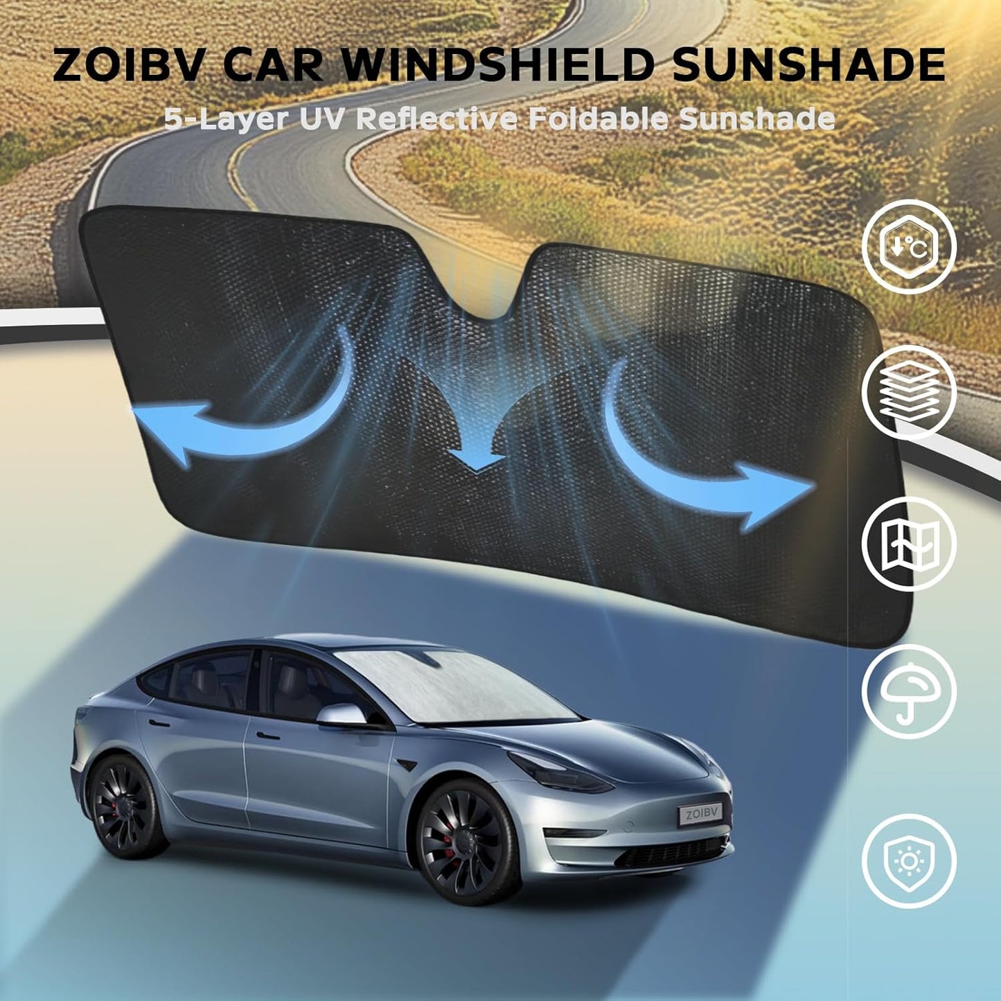 Windshield Sun Shade for Tesla Model Y 2020-2024 - 5-Layer Bubble Accordion Foldable Front Window Shade Sun Visor Accessories - Blocks Heat & UV Rays