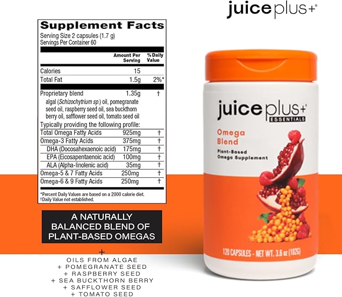 Juice Plus+ Fruit, Vegetable, Berry & Omega Blend Capsules - Nutrition from 30 Fruits, Vegetables & Berries + Plant-Based Omega Fatty Acids - 4 Bottles (60 Servings Each)