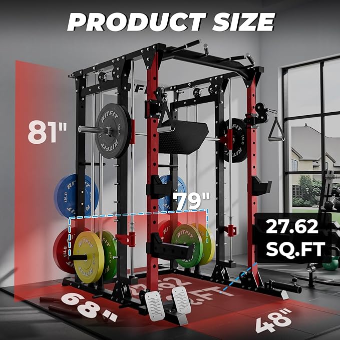 RitFit Smith Machine Power Cage with LAT Pulldown & Cable Crossover, All-in-One Power Rack Home Gym System with Leg Press Attachment & Accessories