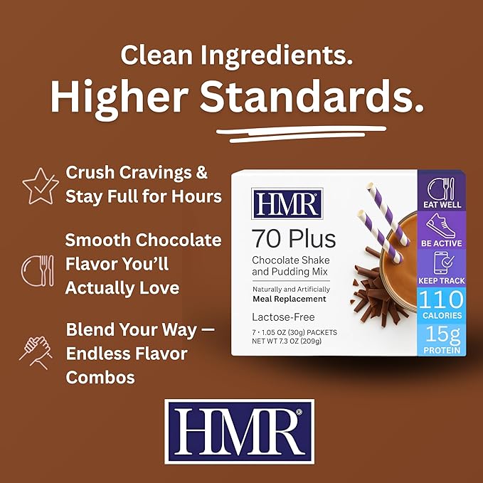 HMR 70 Plus Chocolate Shake & Pudding Mix | Meal Replacement Powder | Lactose-Free | 15g Protein | Easy to Make | Low Calorie | 7 Single Serving Packets each