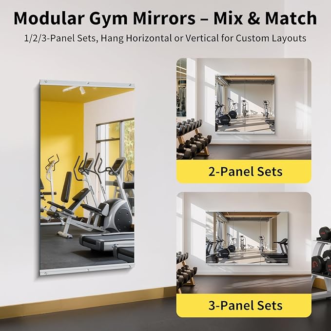 Home Gym Mirror - 48x24 Inch, 2PCS Frameless Tempered Glass Full Body Mirror for Wall Mount - Ideal for Yoga, Workout, Bedroom, Dance Studio (Silver)