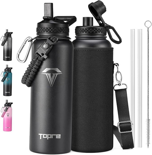 40oz Insulated Water Bottle,Stainless Steel Vacuum Water Bottle, BPA-Free & Leakproof -with Paracord Handle,Strap,Straw Spout Lids,Large Water Jug for Gym Sports