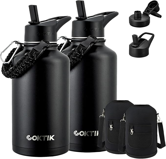 Half Gallon Insulated Water Bottle, 64 oz Triple Wall Stainless Steel Flask, Keeps Drinks Cold for 48 Hrs Leak-Proof & BPA-Free Half Gallon Jug with Paracord Handle, Straw & Spout Lids(2 pack,Black)