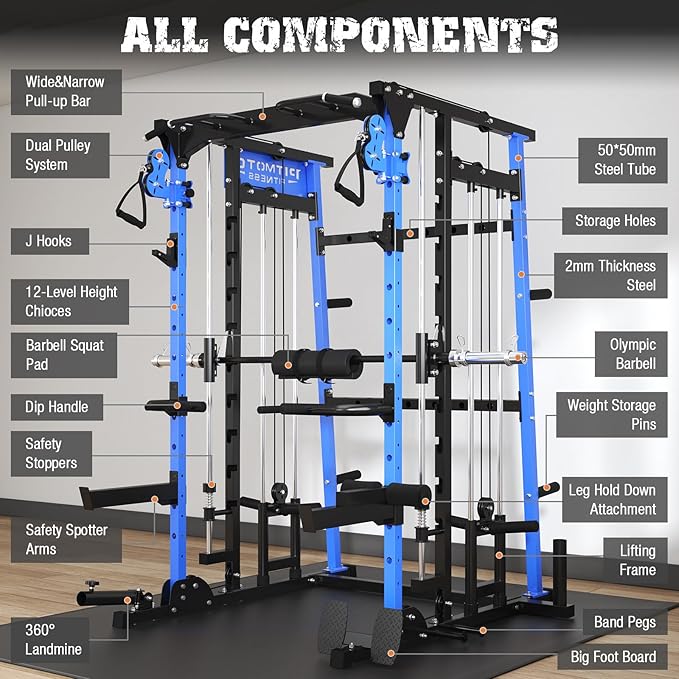 Smith Machine,2200 LBS Squat Rack for Home Gym with Dual Pulley System,Multifunctional Power Rack Cage for Strength Training with More Attachments