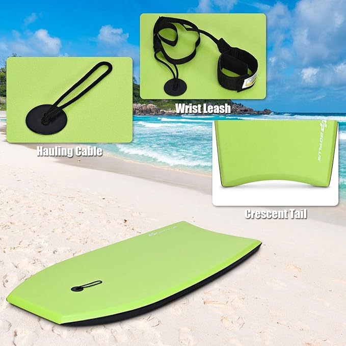 Goplus 41''/37''/33'' Lightweight Body Board for Beach, Surf Board with EPS Core, XPE Deck, HDPE Slick Bottom, Wrist Leash, Bodyboard for Kids Adults Surfing