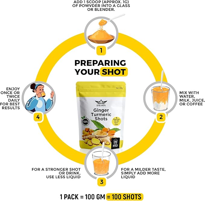 Ginger Turmeric Supplements with Piperine, Orange, Vitamin C, Vitamin D3 & Zinc | Ginger Turmeric Shots for Joint, Heart, Brain, Gut & Skin Health | 100 Servings | Ayurvedic | Powder