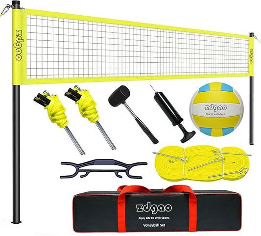 Volleyball Net Outdoor - Portable Volleyball Set for Backyard with Professional Volleyball Net, Wrap Yarn Volleyball and Pump, Boundary Line, Carry Bag