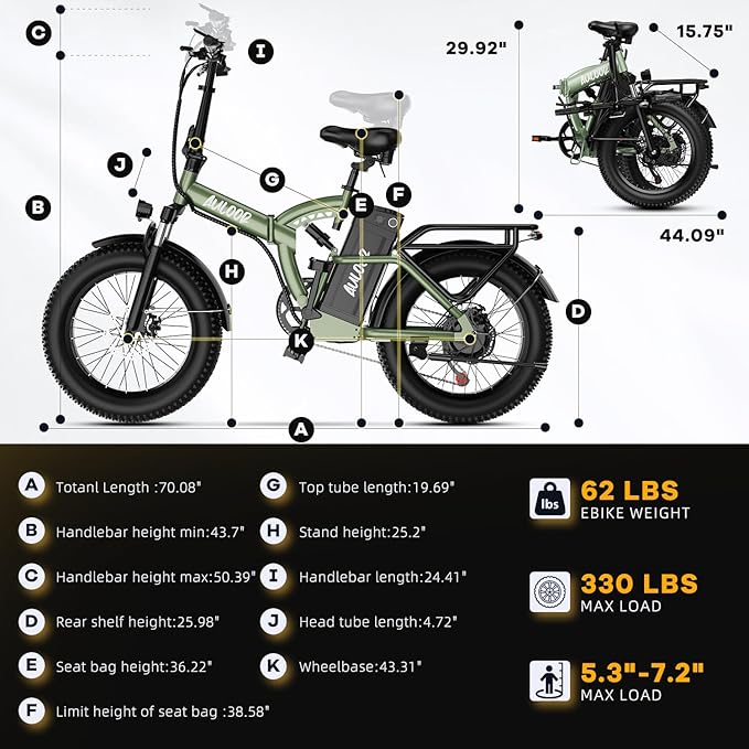 Foldable Electric Bike for Adults, 30+MPH, 48V 20Ah Removable Lithium Battery up to 80Miles, 20" Fat Tire 1000W Peak Motor Dirt Ebike Adult Electric Bicycle for Commute Beach Mountain E Bike