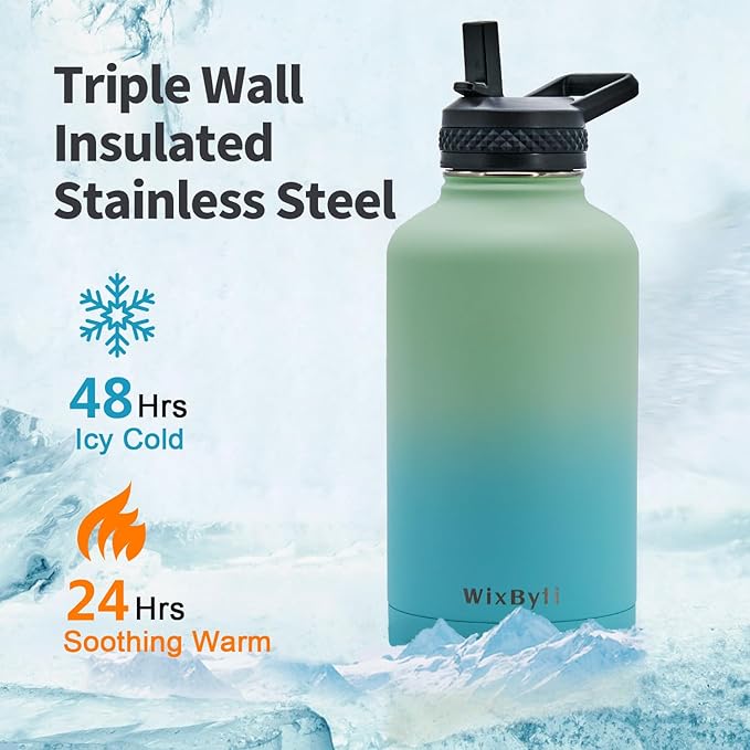 64 oz Insulated Water Bottle with Straw (Cold for 48 Hrs), Half Gallon Stainless Steel Triple Wall Vacuum Sports Water Jug, Leakproof Hydro Cup Flask with Straw Spout Lids & DIY Stickers