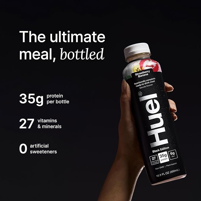 Huel Black Edition Ready-to-Drink | Strawberry Banana Meal Replacement Shake | 35g High Protein Drink | 27 Vitamins & Minerals, Vegan, Gluten Free | Plant Based | Low Sugar | 16.9 Fl Oz, 12 Pack