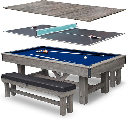 Hathaway Logan 7-ft Pool Table Combo Set with Benches - Rustic Gray with Blue Felt, Barnwood