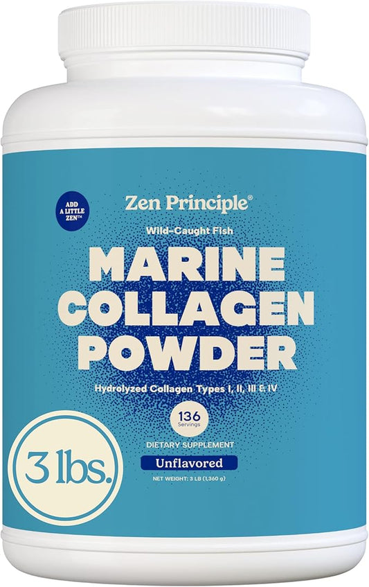 Zen Principle Marine Collagen Peptides Powder 3 lb. Wild-Caught Fish, Non-GMO. Supports Healthy Skin, Hair, Joints, and Bones. Hydrolyzed Type 1 & 3 Protein. Amino Acids, Unflavored, Easy to Mix.