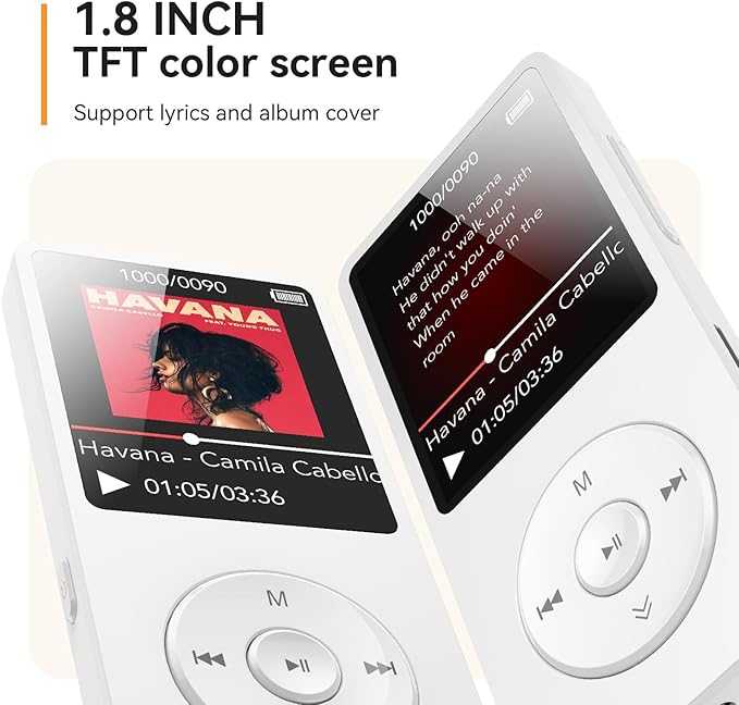 AGPTEK A02 MP3 Player with Bluetooth 5.3, 1.8 inch Screen Portable Music Player with Speaker, FM Radio, Voice Recorder, Supports Expanded Up to 128GB(White, 64GB)