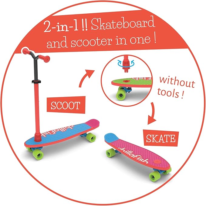 Chillafish Skatieskootie Customizable Training Skateboard and Lean-to-Steer Scooter with Detachable Stability Handlebar, Ages 3+