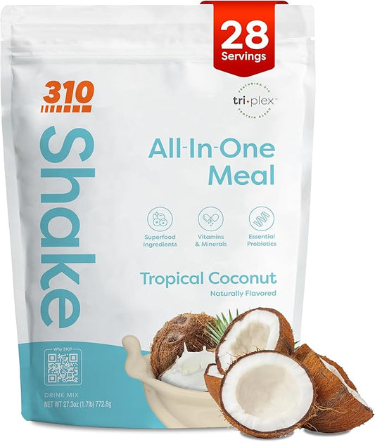 310 Nutrition All-In-One Meal Replacement Shake Powder - Plant-Based Protein Smoothie Blend w/High Fiber, Probiotics & Adaptogens - Low Carb, Vegan, Keto & Paleo Friendly - Tropical Coconut - 28 Srv