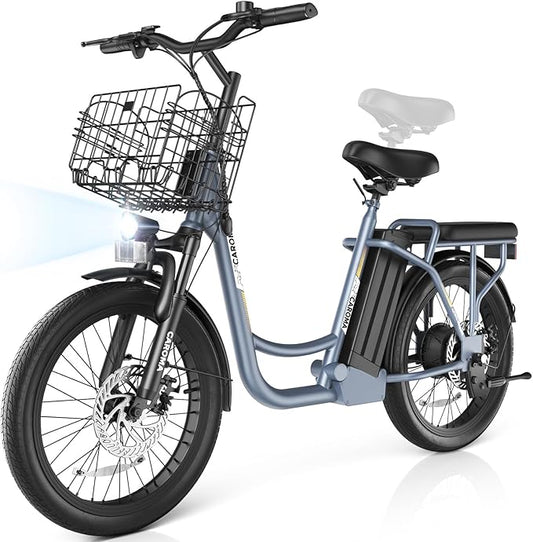Caroma Electric Scooter with Seat, 48V Removable Battery E-Bike, Up to 30Miles&20MPH, 500/800/1200W Motor, 20" Fat Tire Adult Electric Bicycles for Commuting with Basket