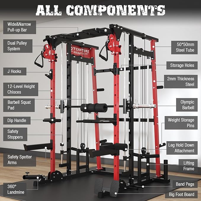 Smith Machine,2200 LBS Squat Rack for Home Gym with Dual Pulley System,Multifunctional Power Rack Cage for Strength Training with More Attachments