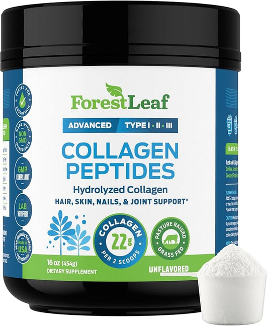 ForestLeaf Collagen Peptides Powder Unflavored - Hydrolyzed Grass Fed Keto Collagen Protein Powder Type 1, 2 & 3 - Vital Hair, Skin, Nails, Joints, Recovery, 11g Per Serving