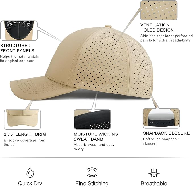 VOBOOM Men Quick Dry Baseball Cap Laser Cut Mesh Ball Curved Brim Snapback Hat