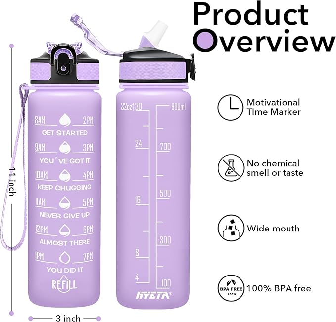 Hyeta 32 oz Water Bottles with Times to Drink and Straw, Motivational Water Bottle with Time Marker, Leakproof, Drinking Sports Water Bottle for Fitness, Gym and Outdoor