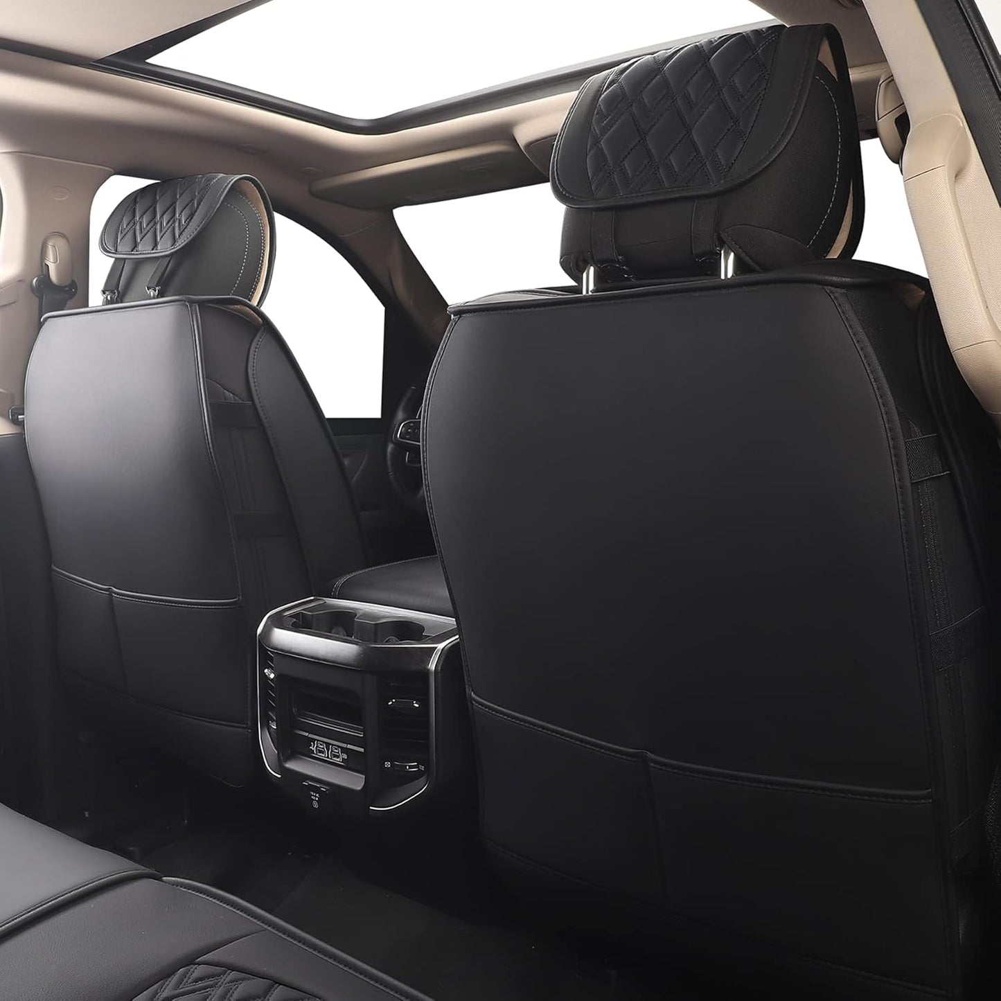 JOJOBAY Car Seat Covers for Dodge Ram Full Set,Fit Ram 2009-2023 1500/2500/3500 Pick-up Truck,Crew,Regular,Quad,Mega Cab,Waterproof Leather Seat Covers Protectors（5 PCS Full Set,Black）