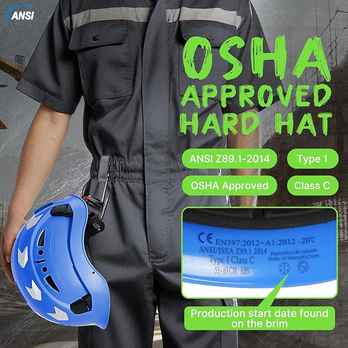 AOLAMEGS Construction Safety Hard Hat - ANSI Z89.1 Type Ι OSHA Approved Safety Helmets with Chin Straps Lightweight Reflective Vented ABS Hard Hats For Men Women Industrial Workwear 6-point Suspension