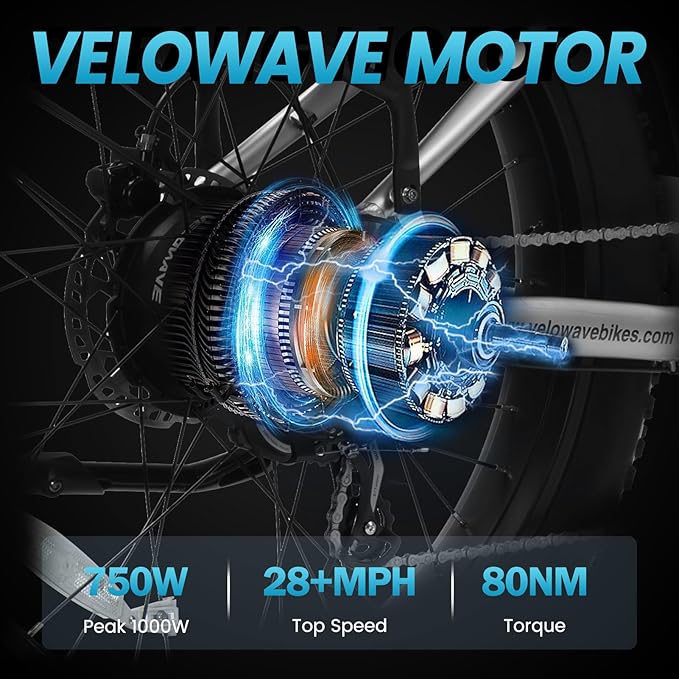 VELOWAVE Electric Bike for Adults Peak 1200W BAFANG Motor 28MPH Mountain Ebike 48V 15Ah Removable LG Cells Battery 26'' Fat Tire E Bike Shimano 7-Speed