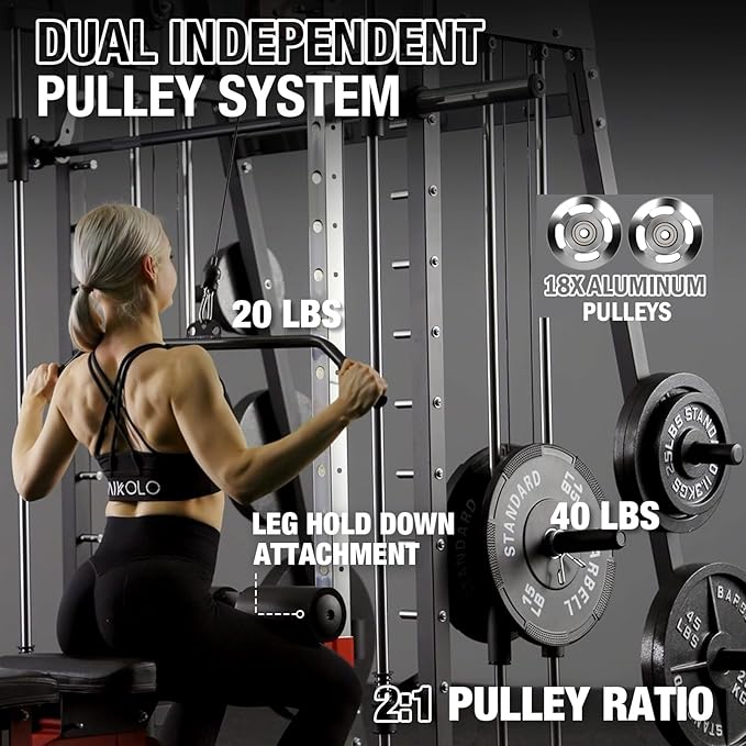 Mikolo Smith Machine, 2200lbs Squat Rack with LAT-Pull Down System & Cable Crossover Machine, Training Equipment with Leg Hold-Down Attachment