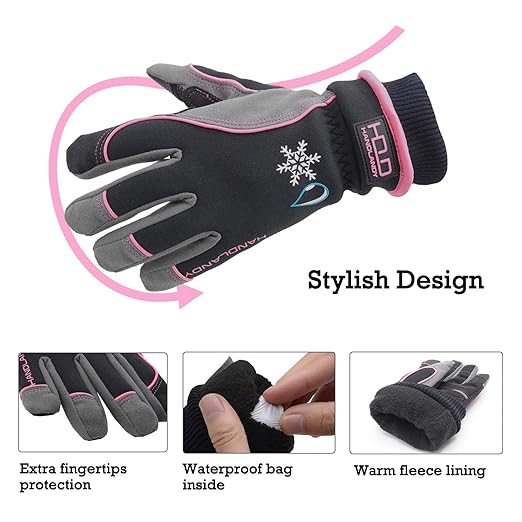 HANDLANDY Waterproof Insulated Work Gloves, 3M Thinsulate Thermal Winter Gloves for Men Women Touch Screen, Warm Ski Snowboard Cold Weather Gloves (Small, Pink)