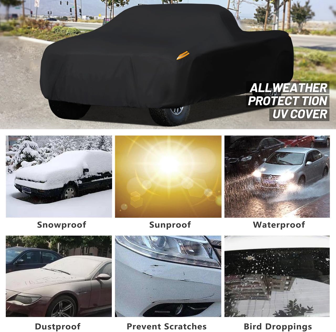 MORNYRAY Waterproof Car Cover All Weather Snowproof UV Protection Windproof Outdoor Full Truck Cover, Universal Fit for (All Black, Fit Truck Length 230-242 inch)