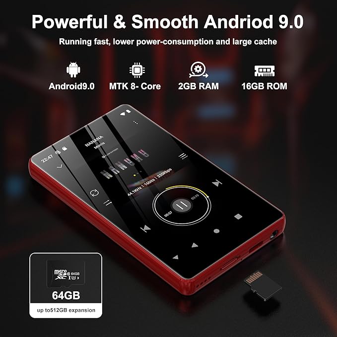 80GB Music Player, SWOFY M503Pro MP3 MP4 Player with Bluetooth and WiFi,Pandora,Amazon Music, 4" Touch Screen MP3 Player with Spotify, Audible, Audiobooks Up to 512GB Red