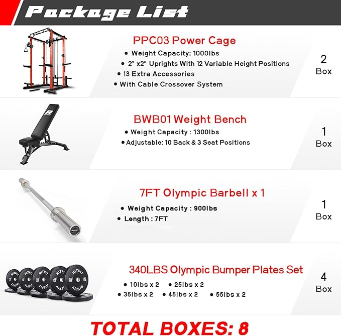 RitFit Multi-Function Squat Rack Power Cage PPC03 with Cable Crossover System, 1000LBS Capacity Power Rack and Packages with Optional Weight Bench, Barbell Weight Set, for Garage Workout & Home Gym