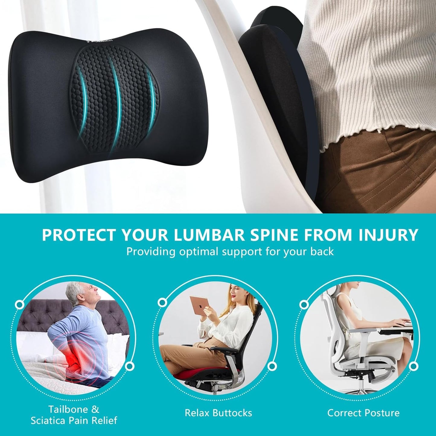 FLORICH Lumbar Support with Car headrest Back Pillow for Chair Headrest Pillow with Gel Memory Foam Massage Point Lumbar Support(Black)