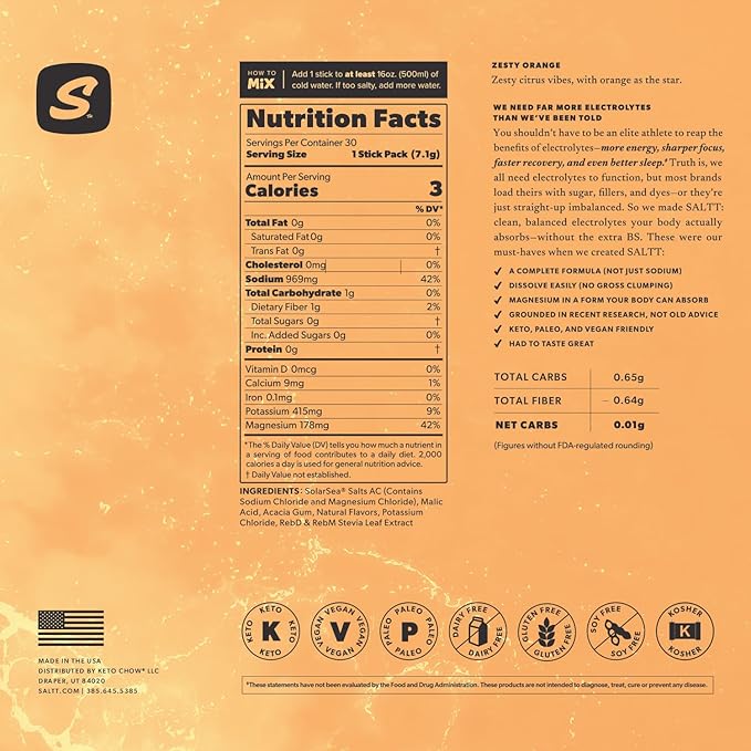 Keto Chow SALTT Electrolytes Powder Packets, Zesty Orange (30 Hydration Packets) - Magnesium, Potassium, Sodium, Trace Minerals - Vegan, Sugar Free, Gluten Free - Travel Essentials - Made in USA