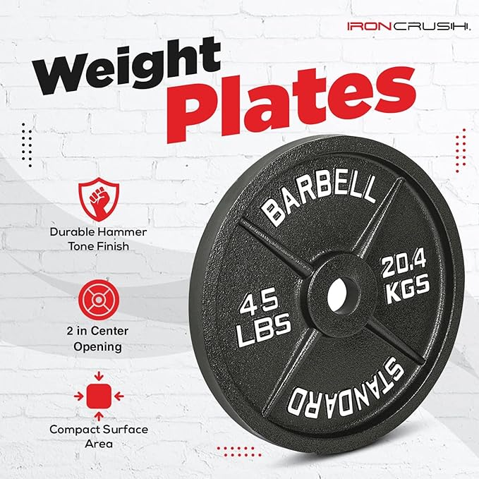 Cast Iron Olympic Weight Plates – Free Weights with 2-inch Hole & Anti-Rust Hammertone Finish - Ideal for Strength Training, Crossfit Equipment & Home Gym Set – Sold in Pairs - 2.5LB–45LB